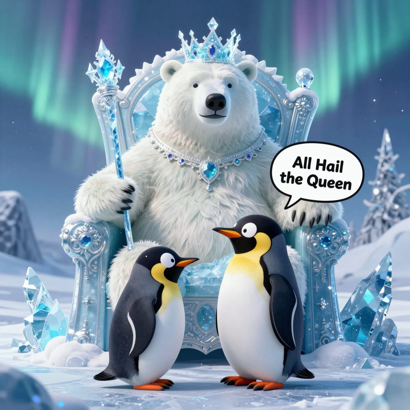 Penguin Bows to Polar Bear Queen in Arctic Surrealism