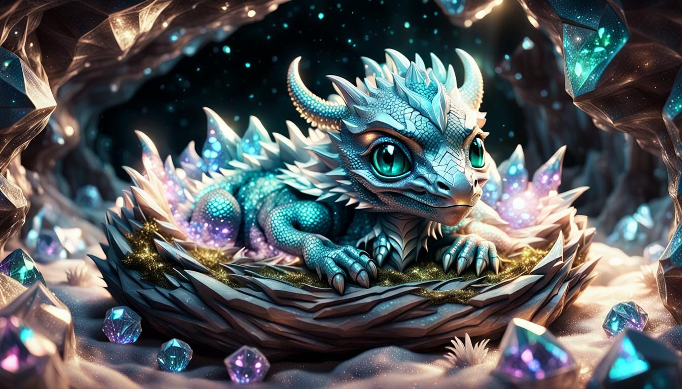 Crystalline Dragon in Glistening Cave: 3D Render