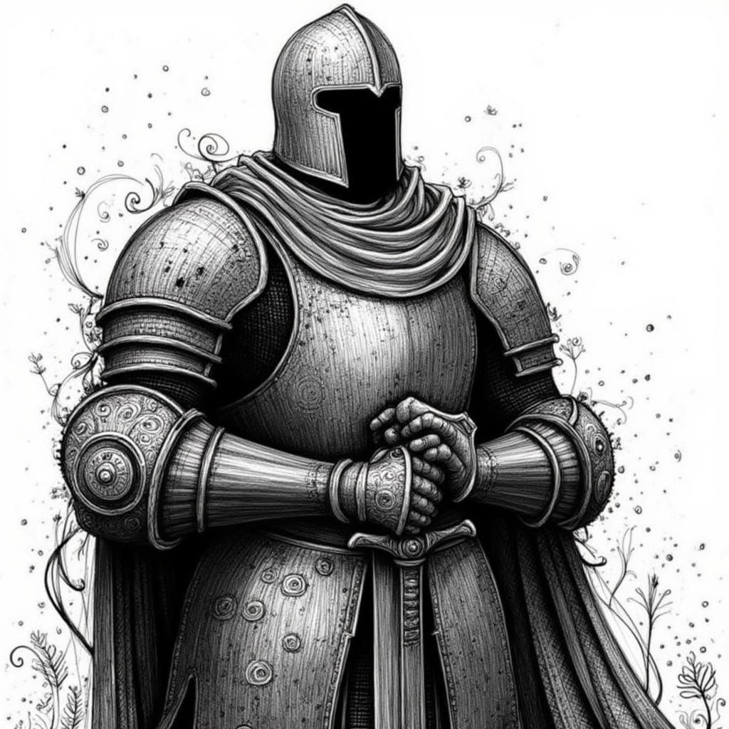 A Solemn Knight in Weathered Armor, Pencil Sketch