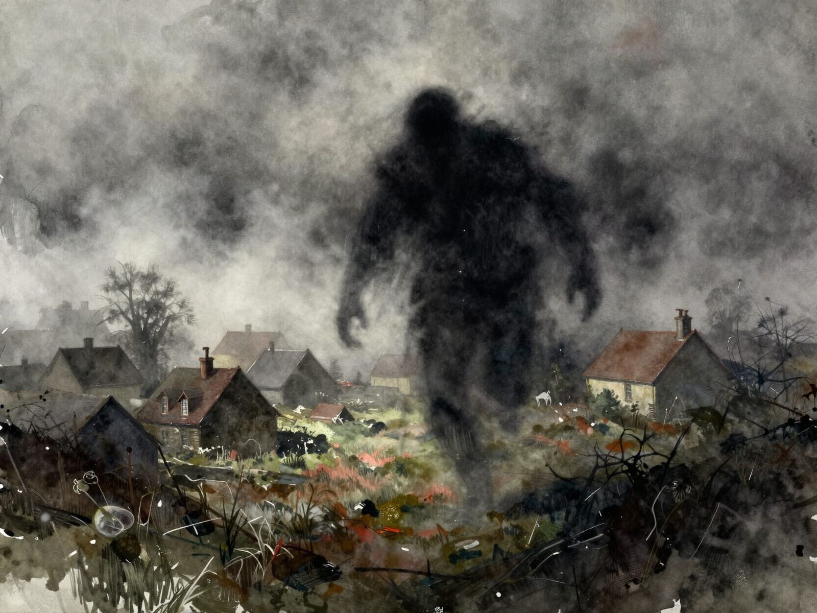 Sinister Shadow Over Foggy Moor Village in Watercolor Style