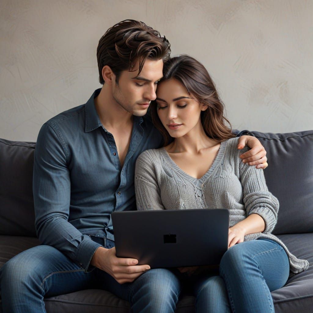 Couple in Intimate Moment on Sofa, Holding Laptop Together