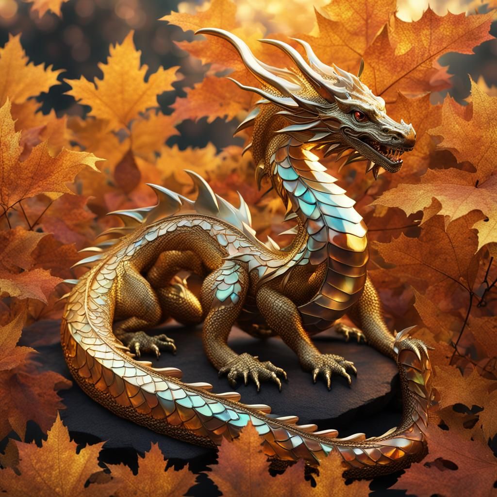 Iridescent Dragon Amidst Golden Autumn Leaves