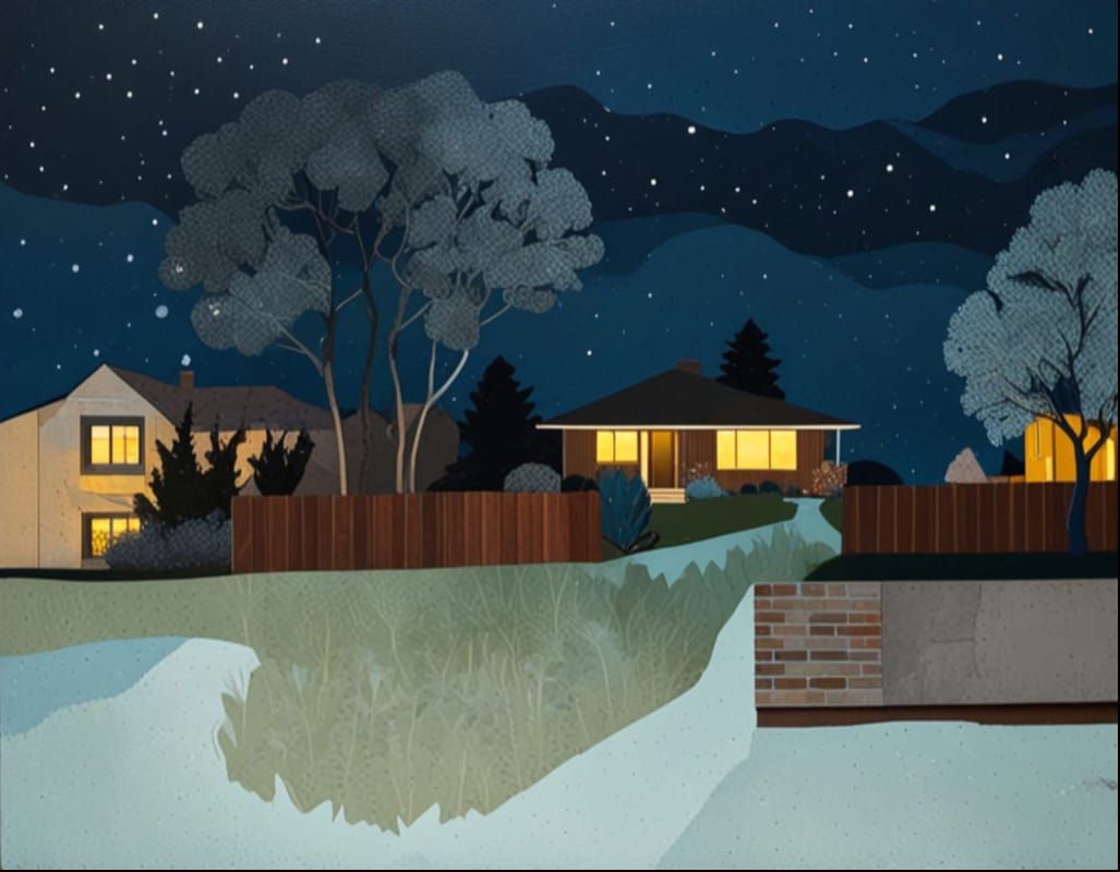 Nighttime Suburban Houses with Collage Elements