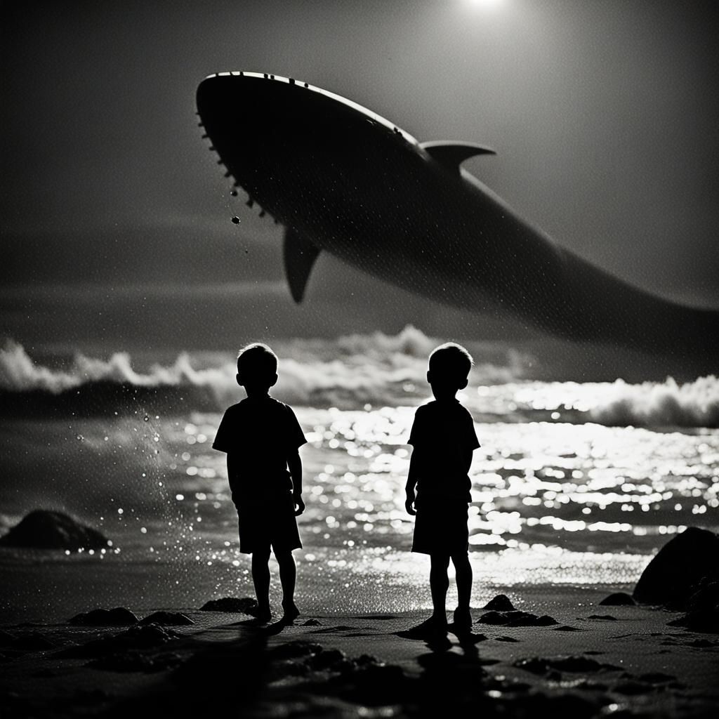 Dramatic Tsunami Scene with Boy Silhouette in Monochrome