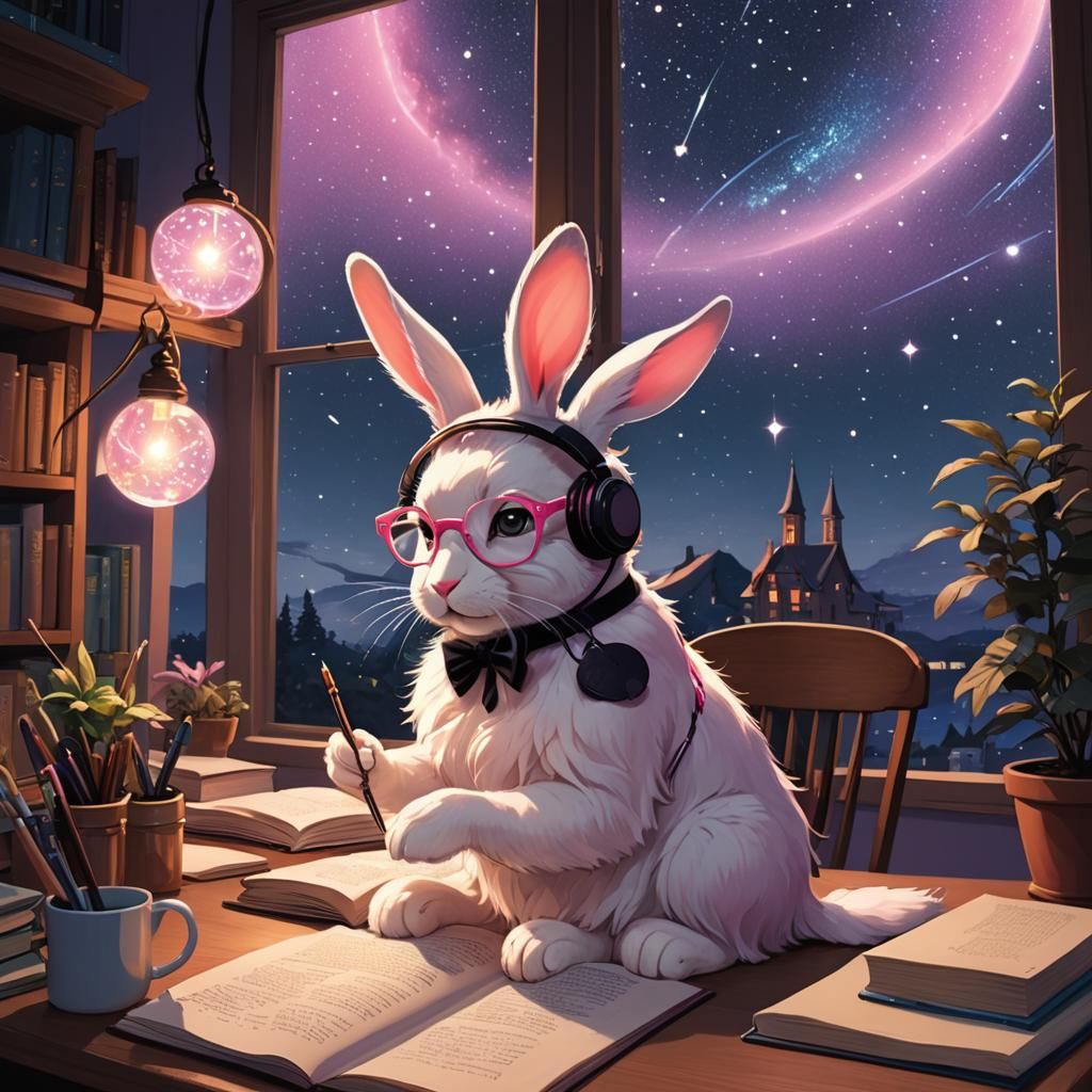 Lofi Bunny Studying at Night: Fantasy Concept Art