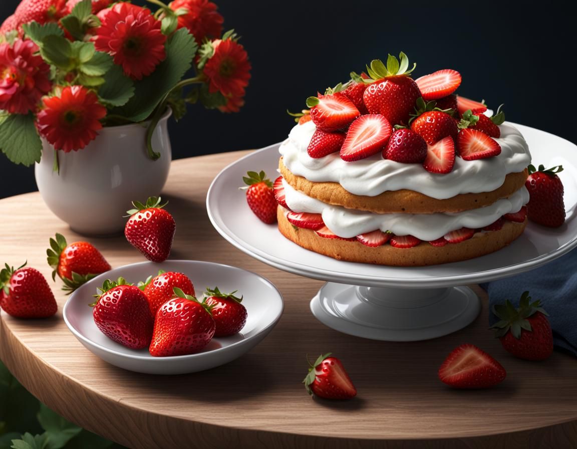 Elegant Strawberry Shortcake Line Art with Flowers