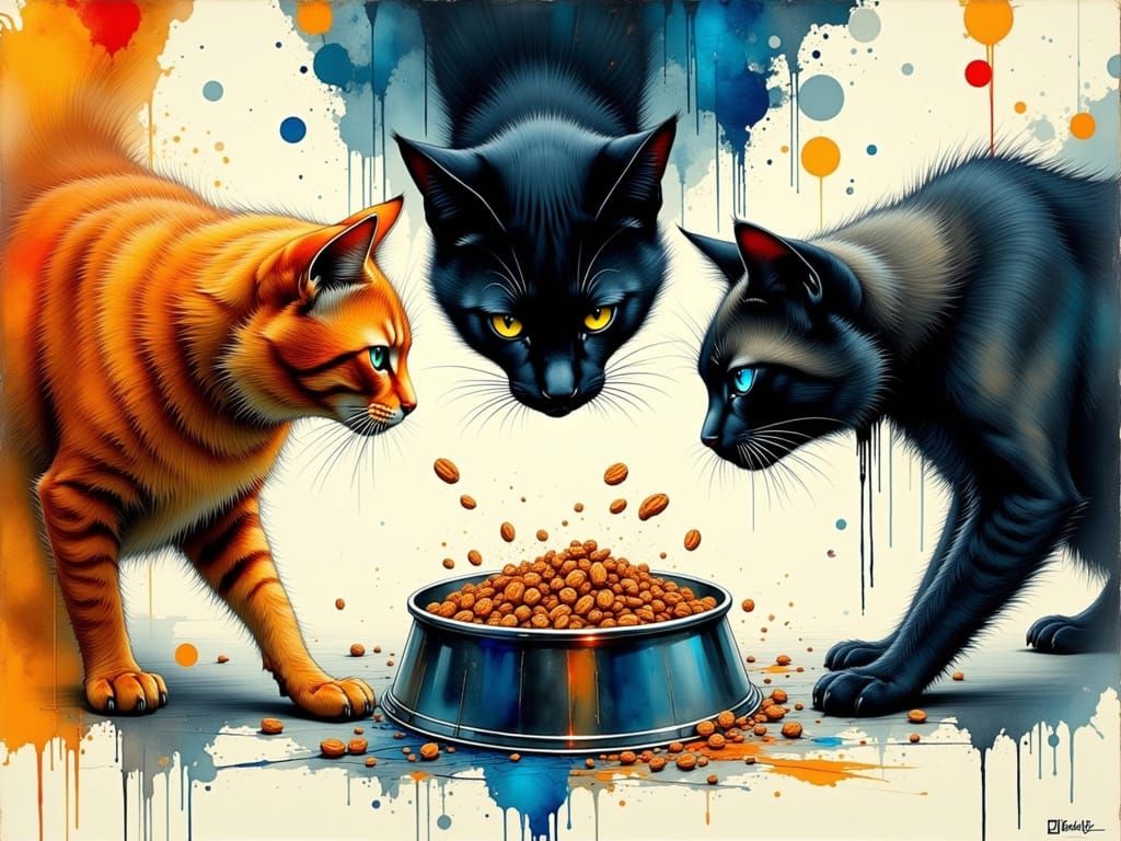 Three Cats Stare Down Over Food Bowl in Ink Style
