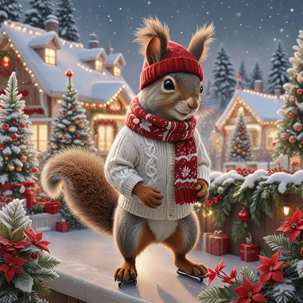 Squirrel Ice Skating in Vibrant Christmas Village