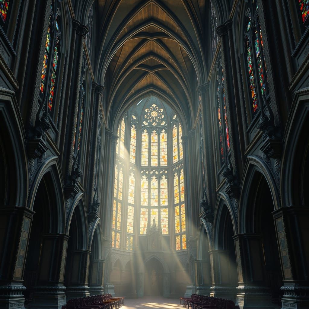 Gothic Cathedral Interior with Light and Gargoyles
