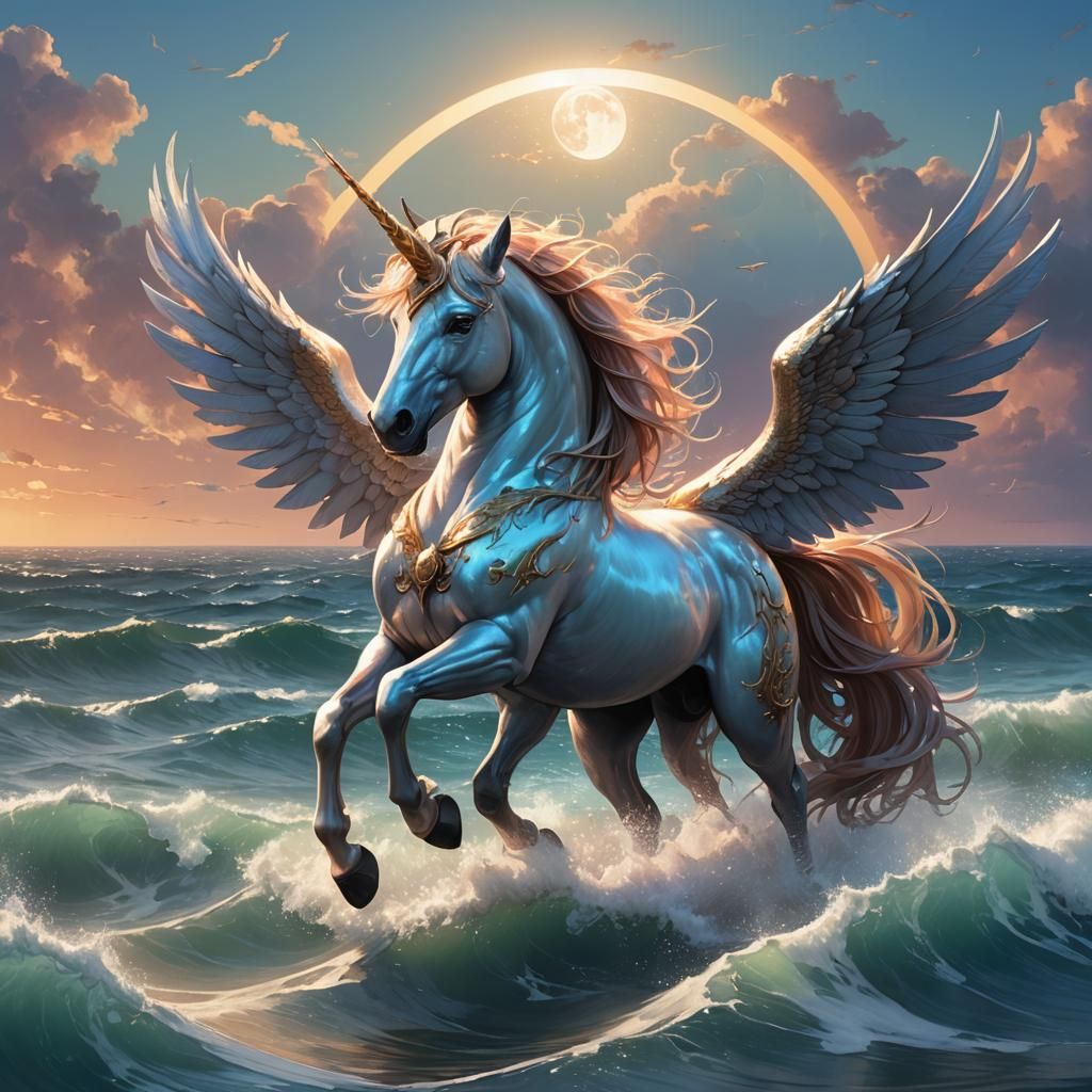 Soaring Alicorn Over Enchanted Ocean, Digital Art