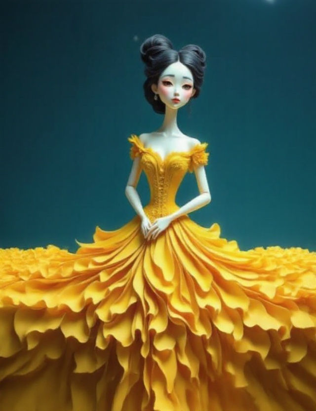 Kirigami Doll in Yellow Gown on Moon