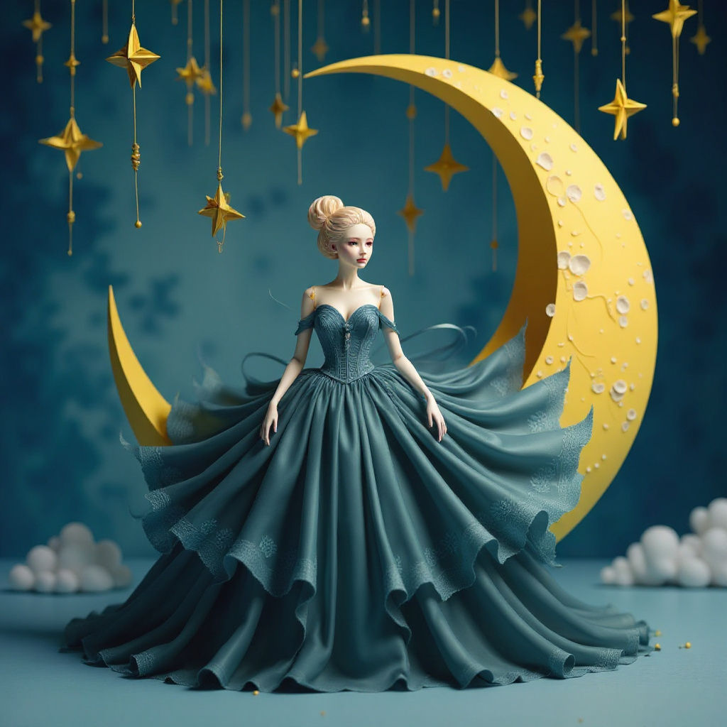 Kirigami Doll on the Moon in 3D Style