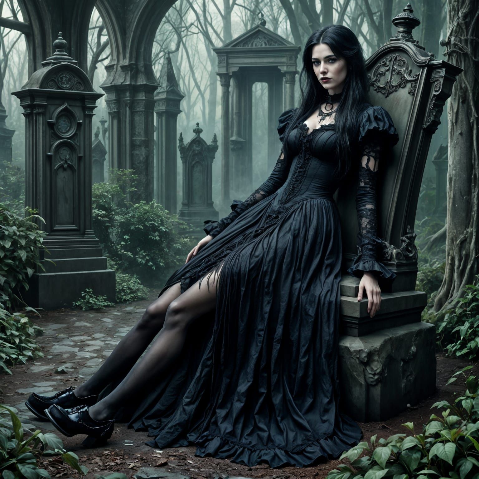 Gothic Woman Reclining on Gravestone in Cemetery