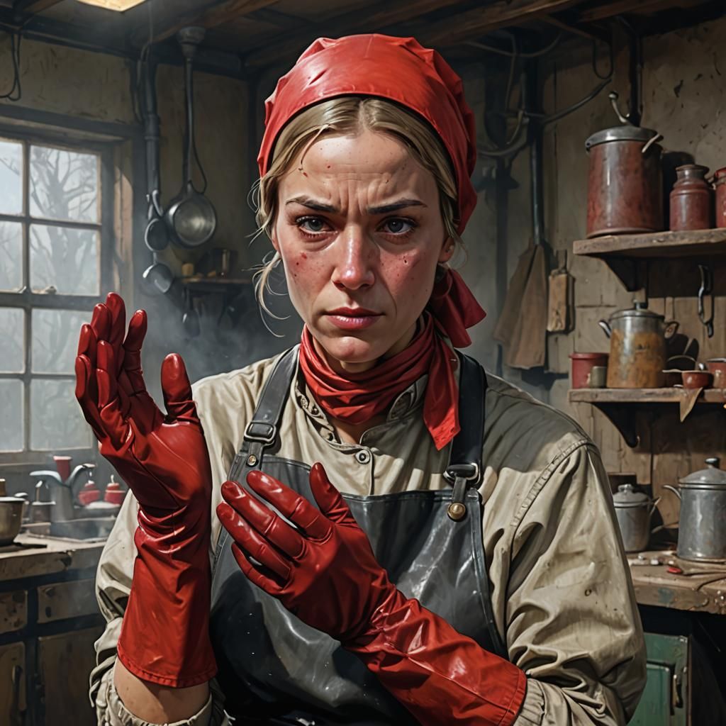 Frightened Woman in Rubber Gloves, Detailed Portrait