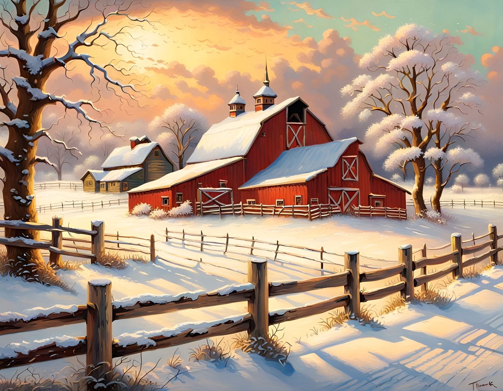 Nebraska Barn in Winter, Elaborate Oil Painting