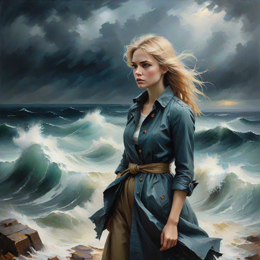 Girl Defies Stormy Seas in Impasto Oil Painting