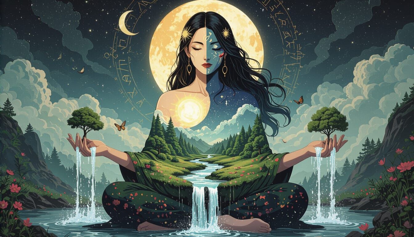 Surreal Manhwa Goddess Holding Landscape