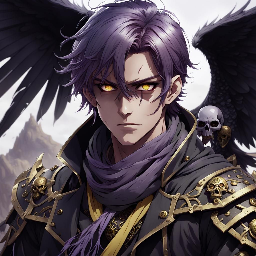 Aasimar with Purple Hair and Black Wings in Anime Style