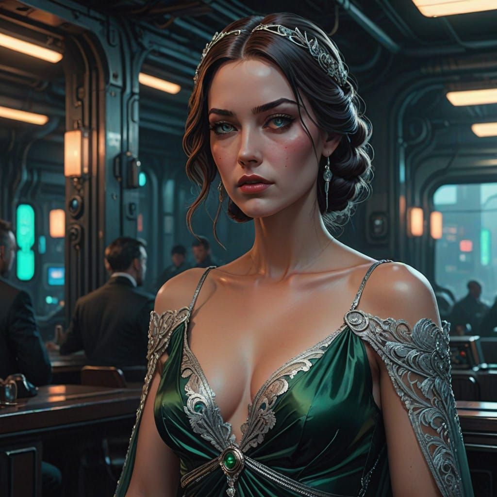 Elegant Woman with Emerald Eyes in Dystopian Futurism Style