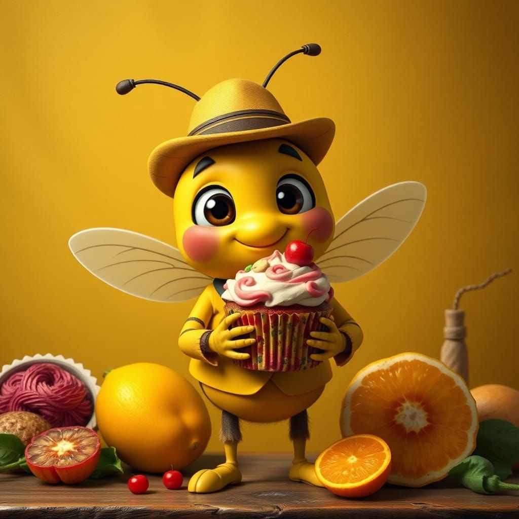3d model of a cartoon bee in yellow outfit holding a cupcake...