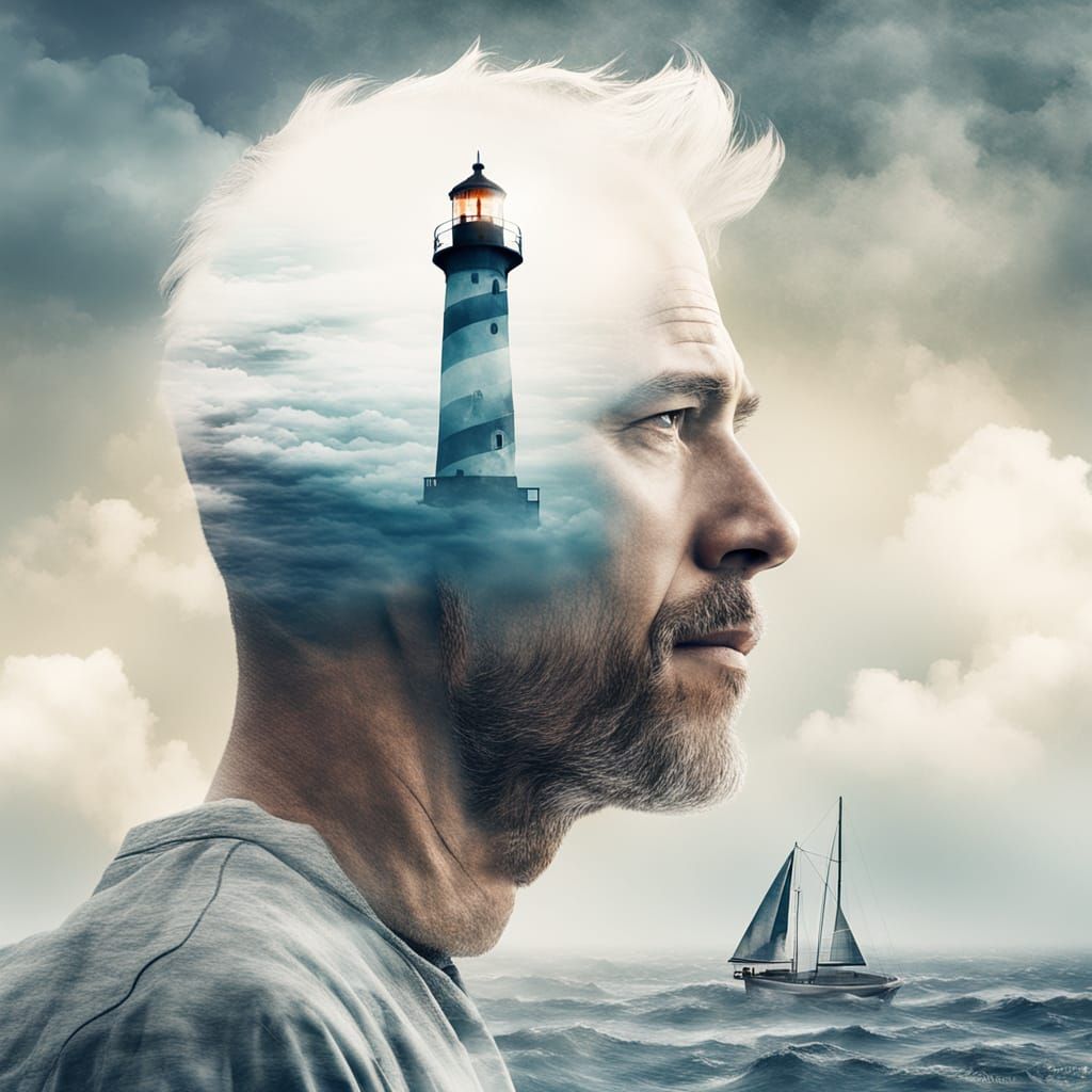 Dreamlike Double Exposure Portrait of a Man and a Lighthouse