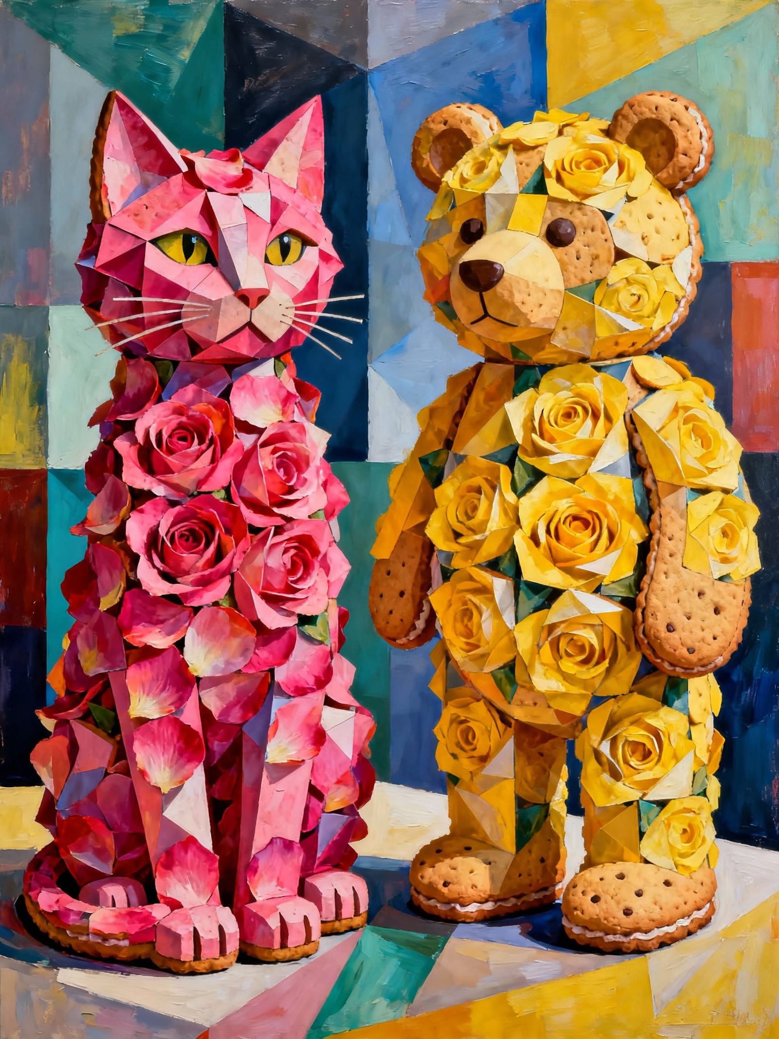 Pink Rose Cat and Yellow Rose Bear Sculpture