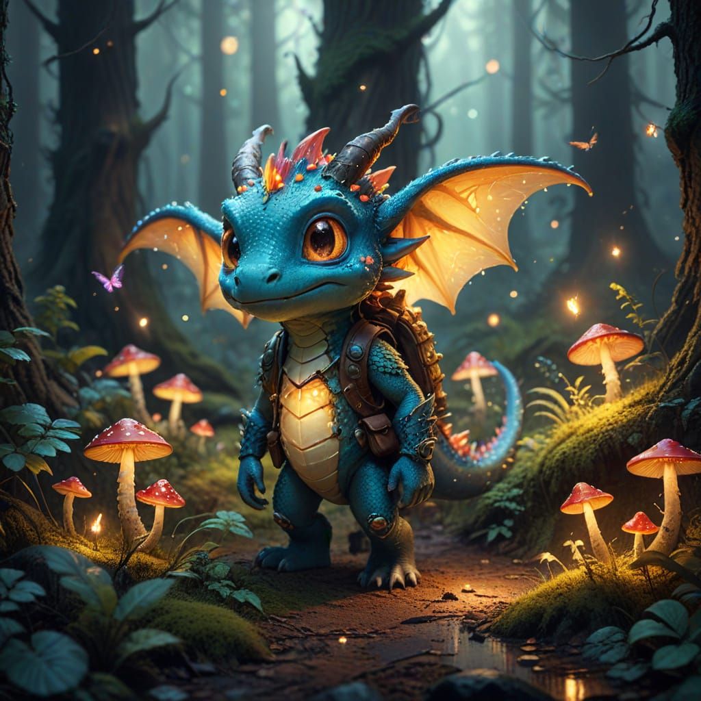Little Dragon Explorer in a Fantasy Forest