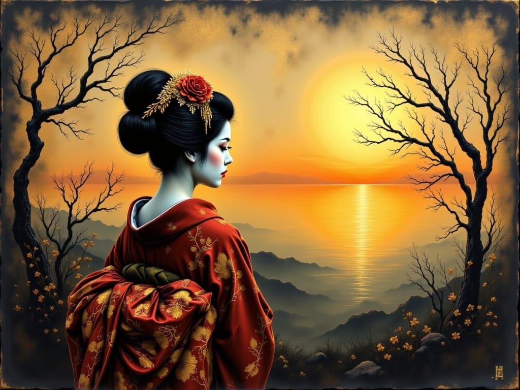 Geisha Watching Sunset in Gold and Watercolour