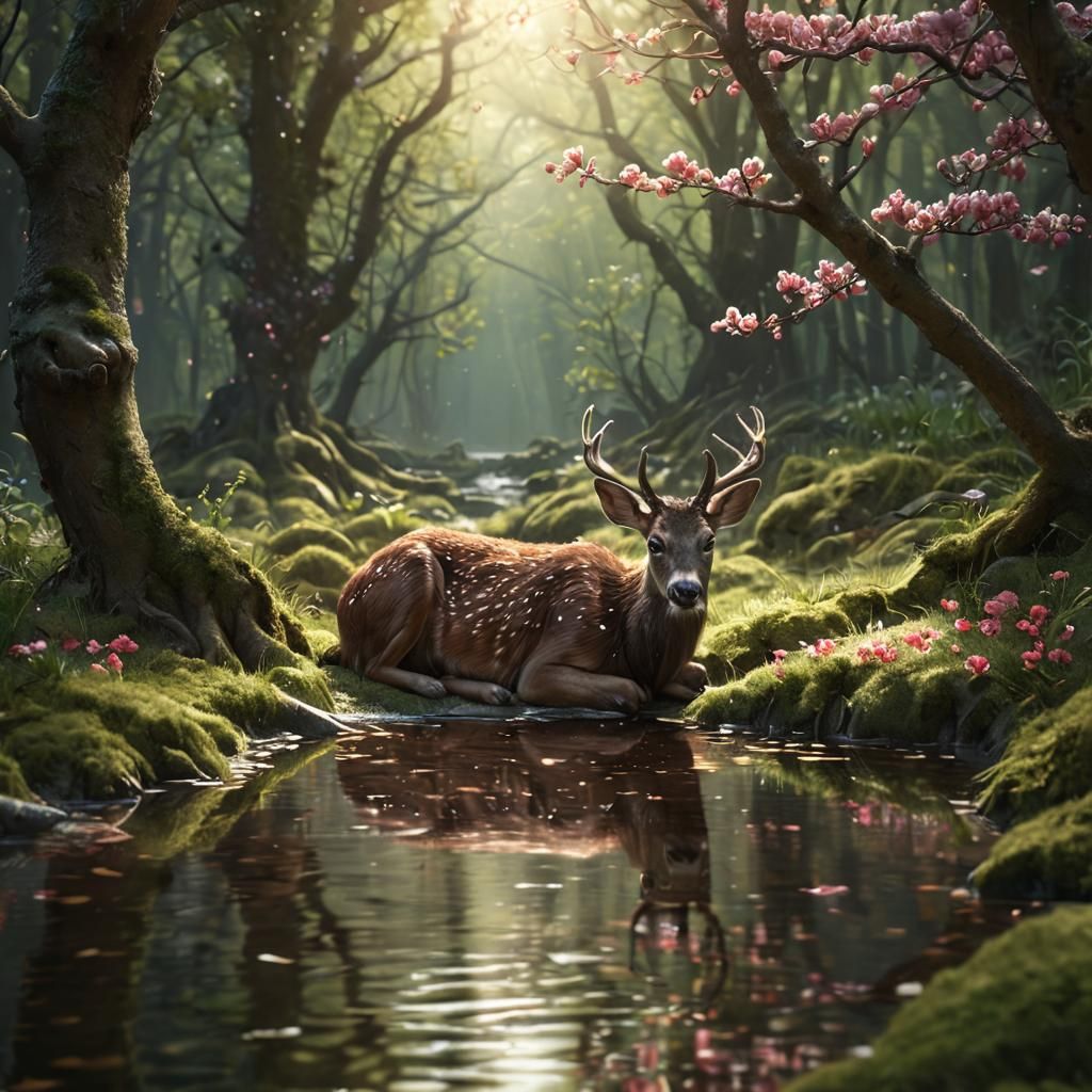 Plum Deer Asleep in Evergreen Forest: Digital Painting