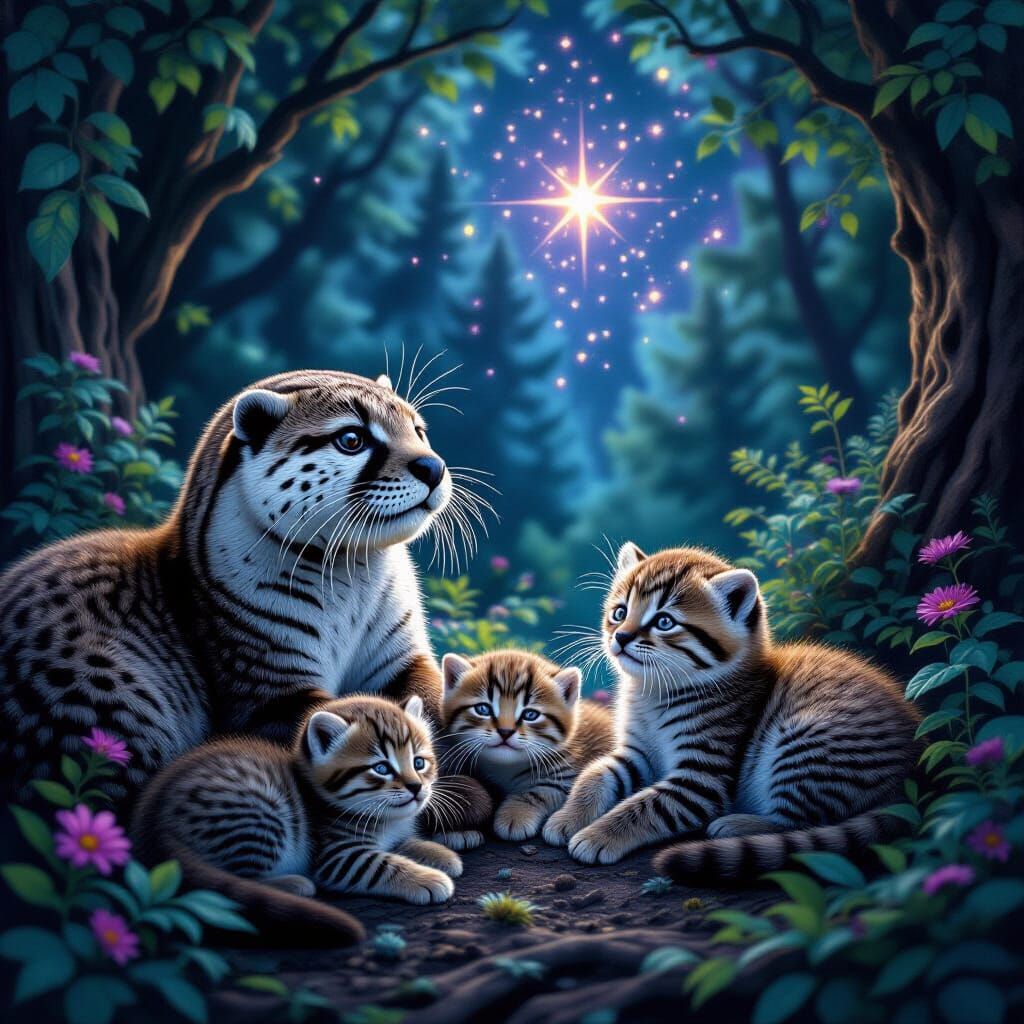 Kittens and Otters in a Mystical Forest with Twinkling Stars