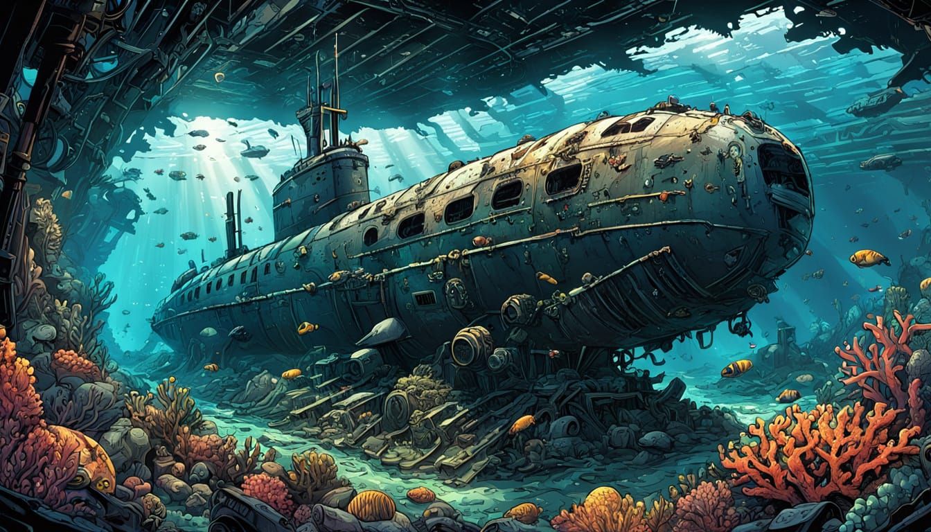 Submarine Wreck Turned Reef: Comic Book Style