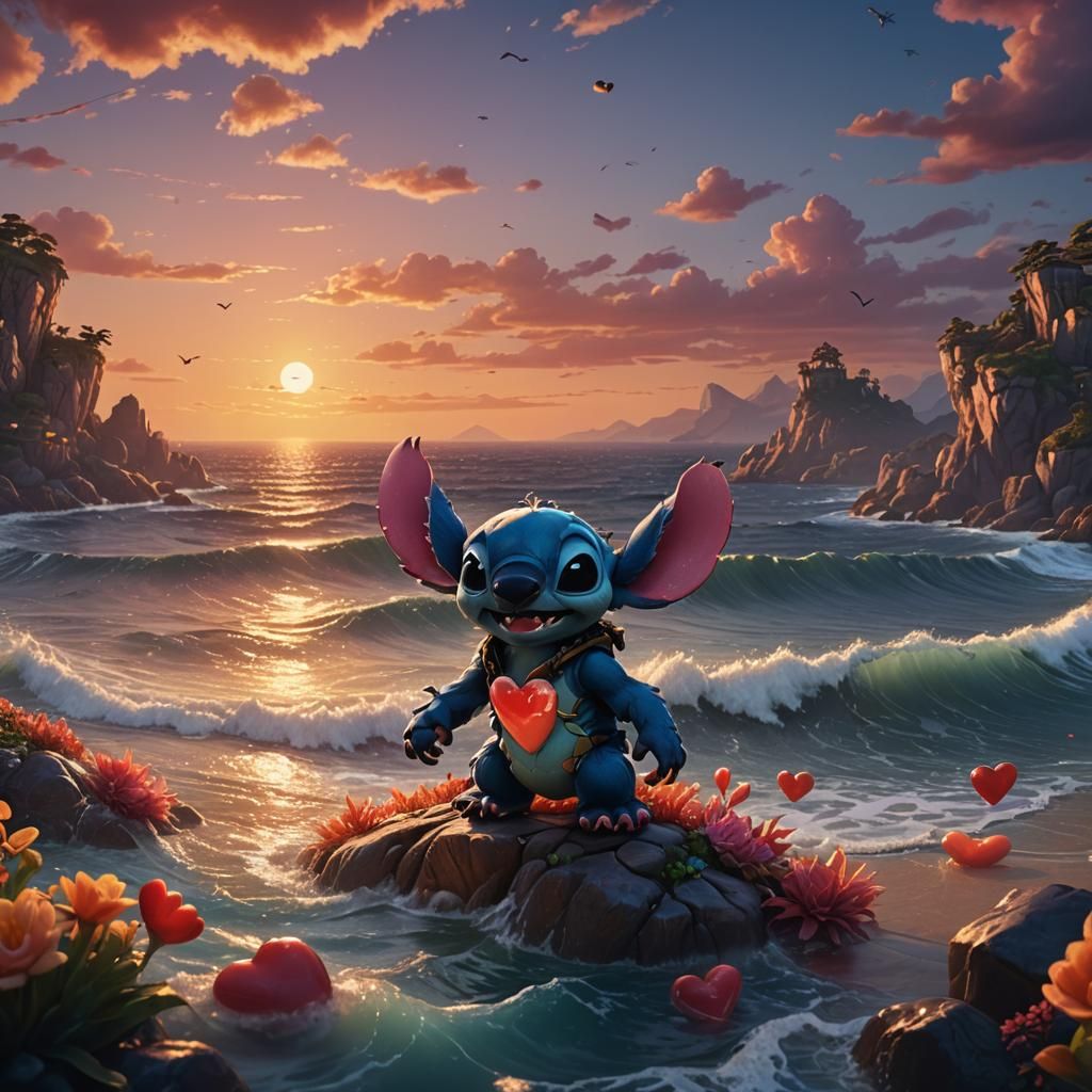 Stitch at Sunset: Heartfelt Seascape in Detailed Style