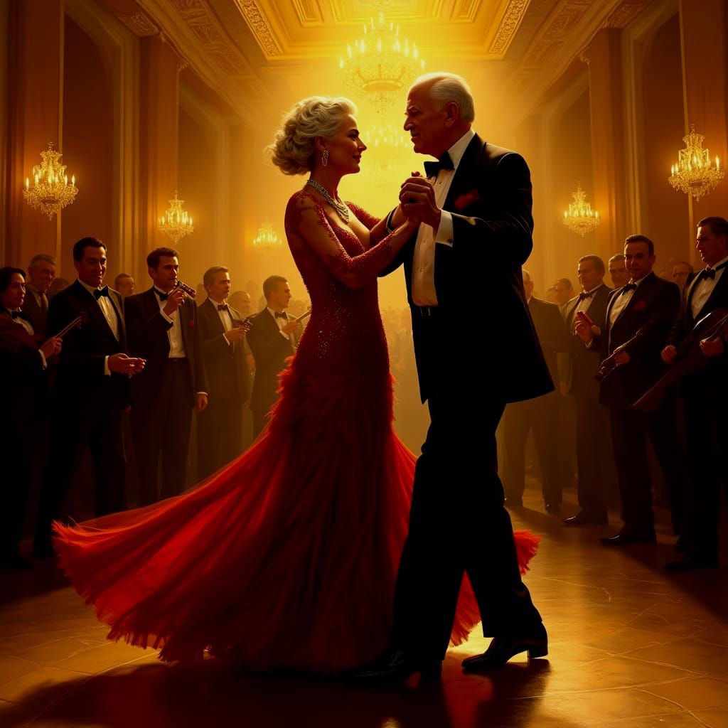 Art Deco Tango Dancers in Golden Ballroom