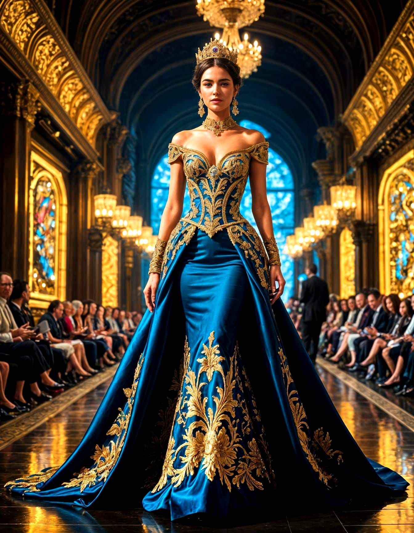 Ethereal Fashion Model in Majestic Runway Setting