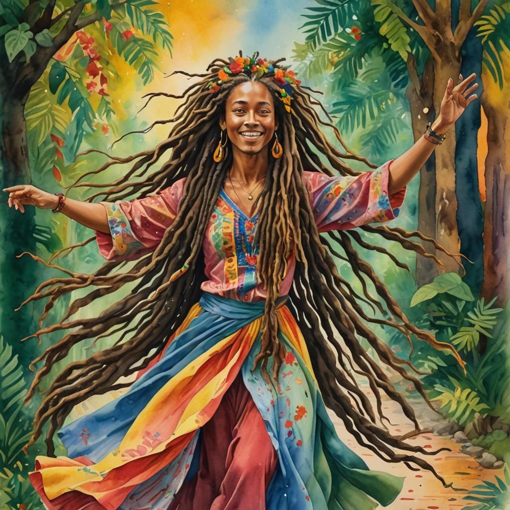 Woman Dancing in Vibrant Watercolor Setting