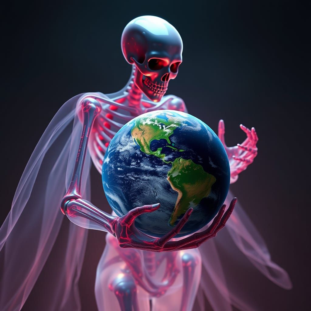 Holographic Death Figure Holding Earth in Pixelated Style
