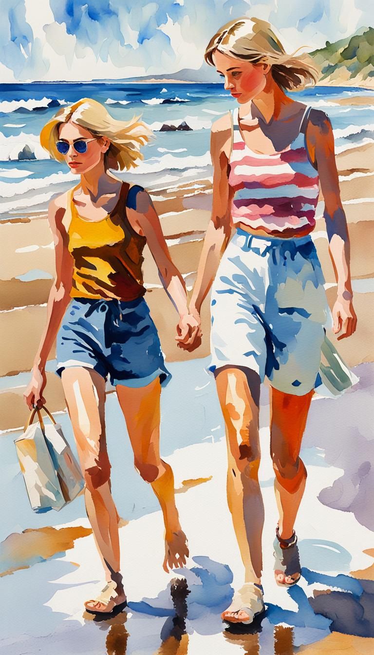 Sisters Walking on Beach in Gouache Watercolor Style