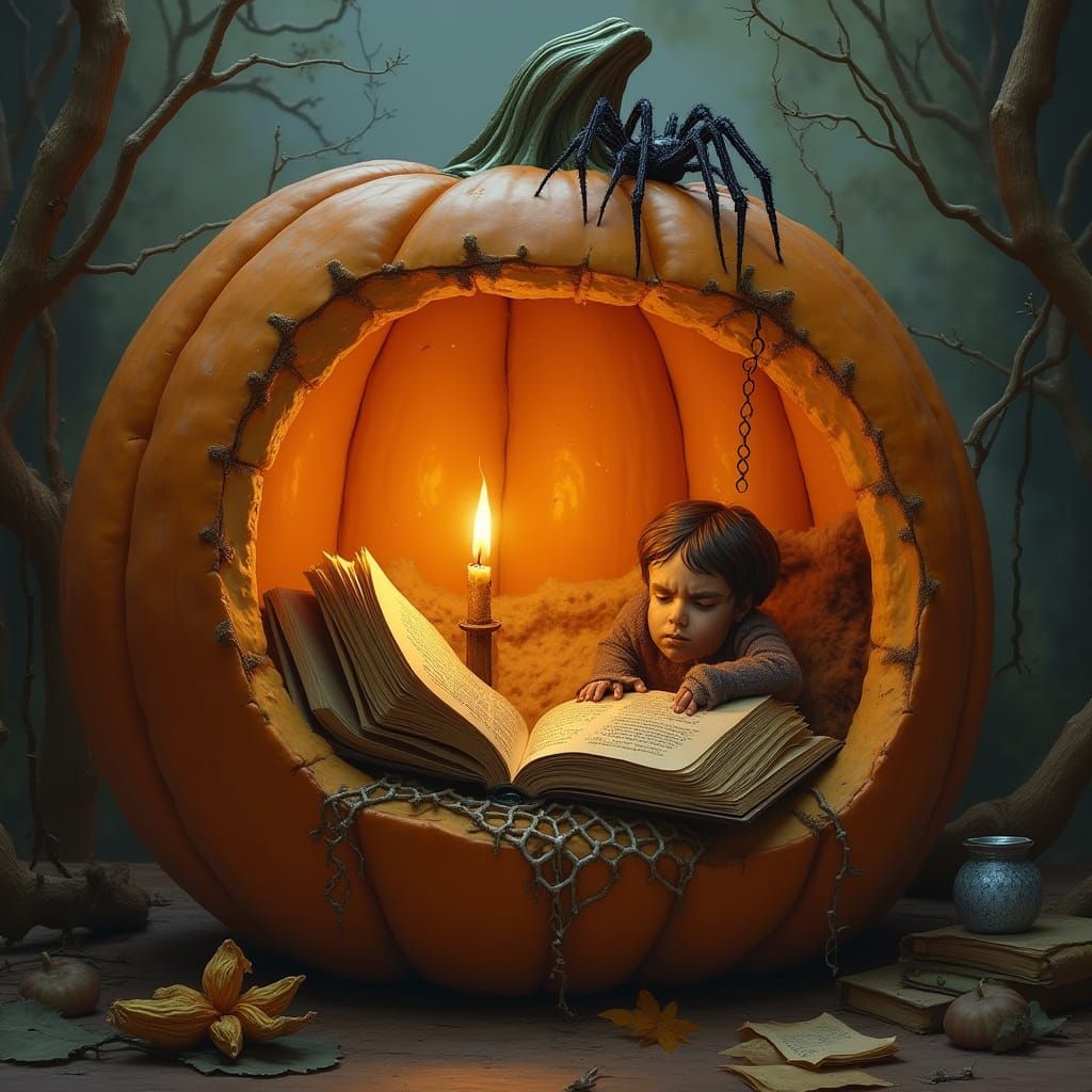 Cozy Autumnal Reading Nook in a Pumpkin