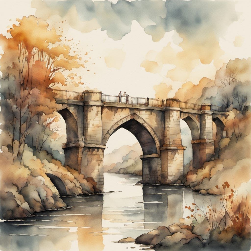 Tudor Bridge Watercolor Masterpiece in Distressed Paper Styl...