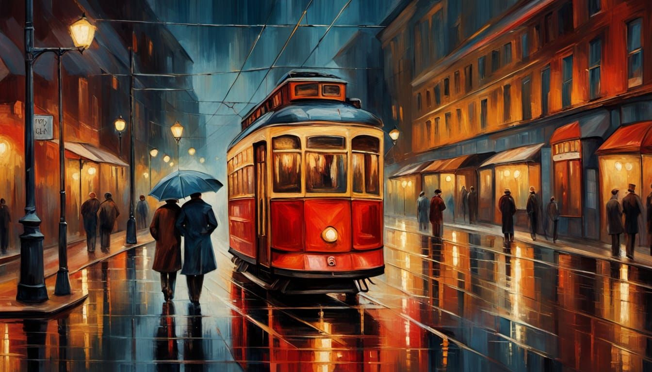 Vibrant Impressionist Oil Painting of Vintage Tram at Night