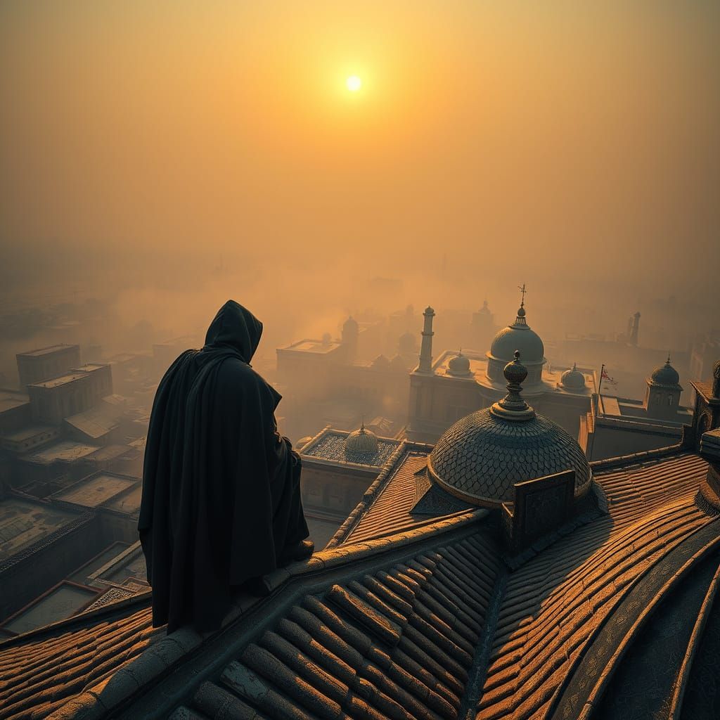 Basim Ibn Ishaq Surveys Baghdad in Dawn's Golden Light