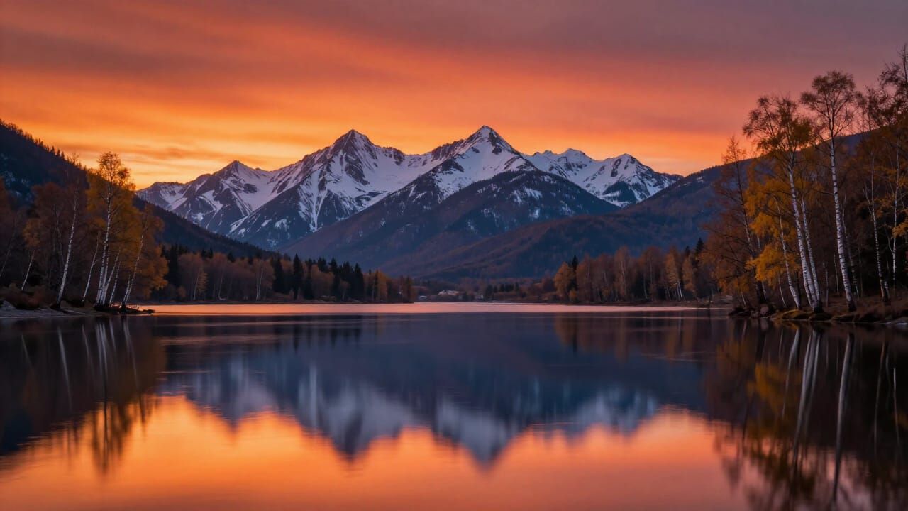 Peaceful Sunset Reflection Over Alpine Lake