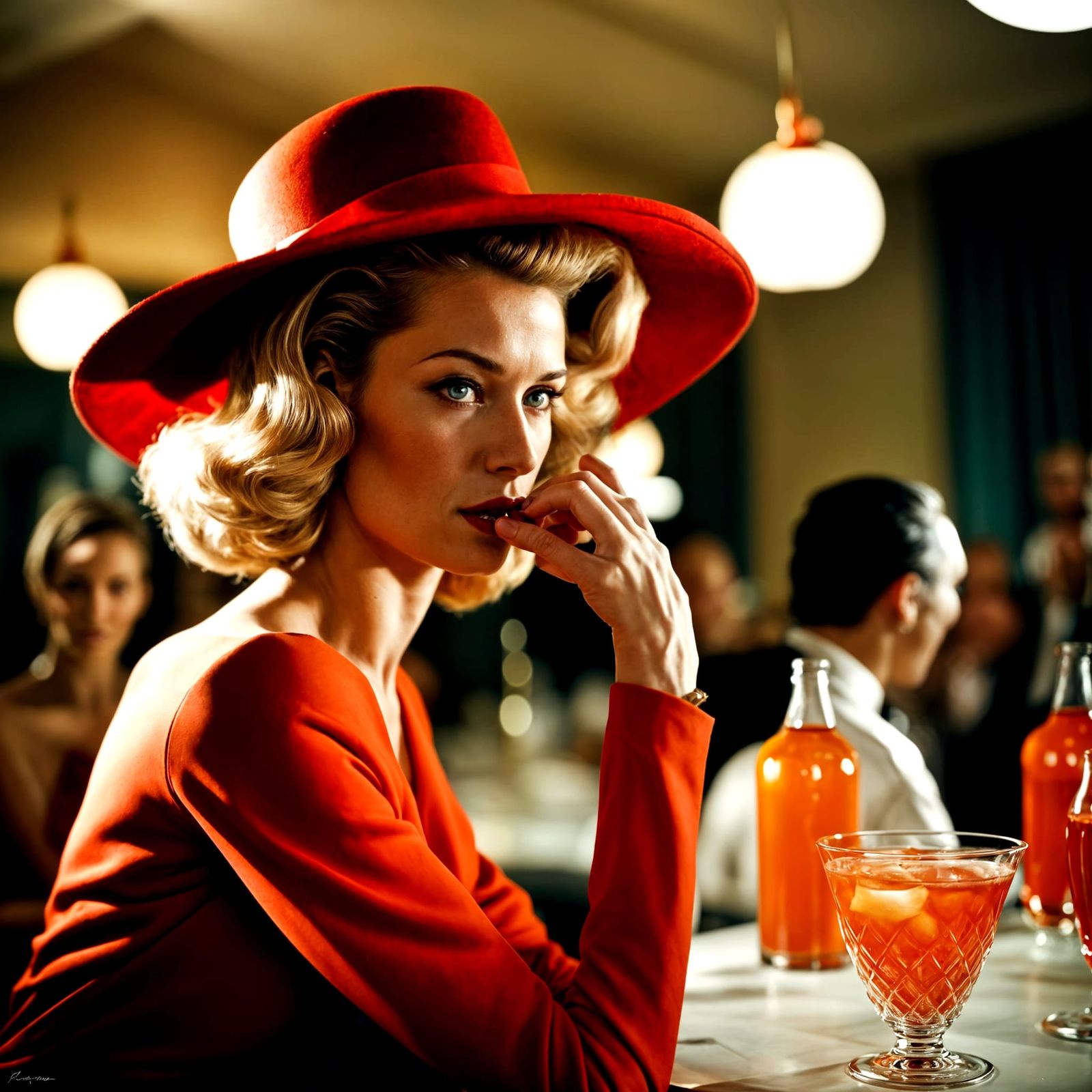 Glamorous Woman in Red Hat, Inspired by Hurrell