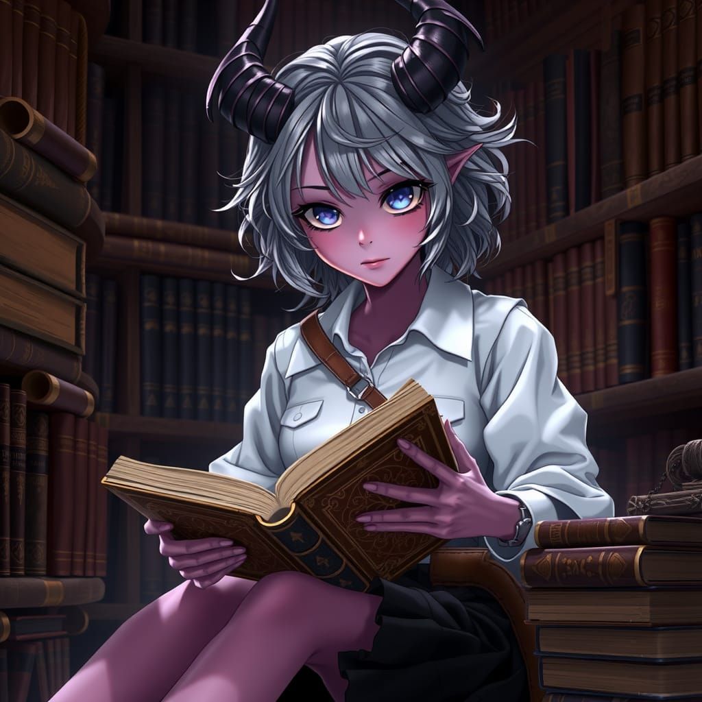Tiefling Student in Ancient Library: 3D Anime Art