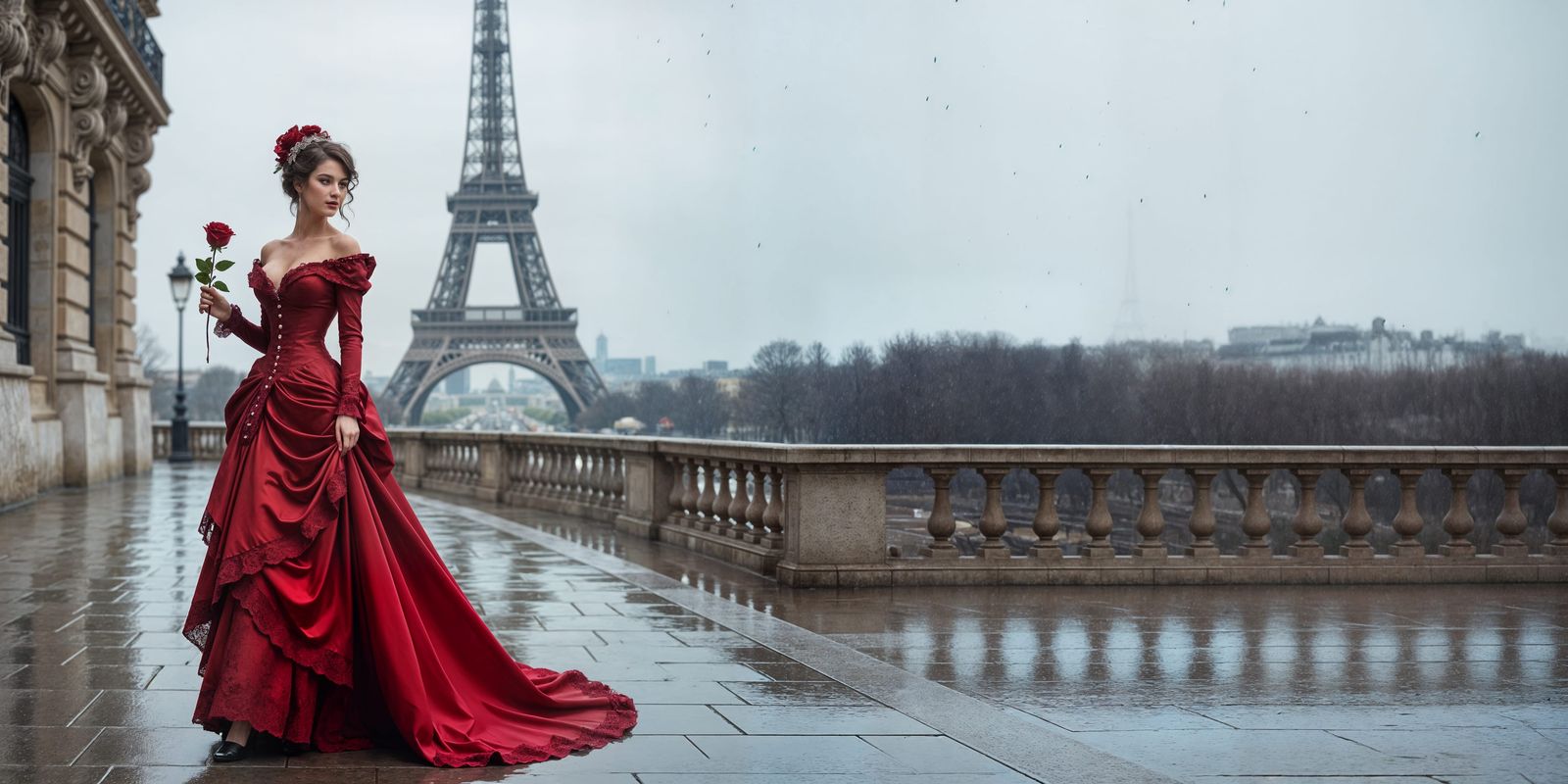 Victorian Lady with Rose near Eiffel Tower