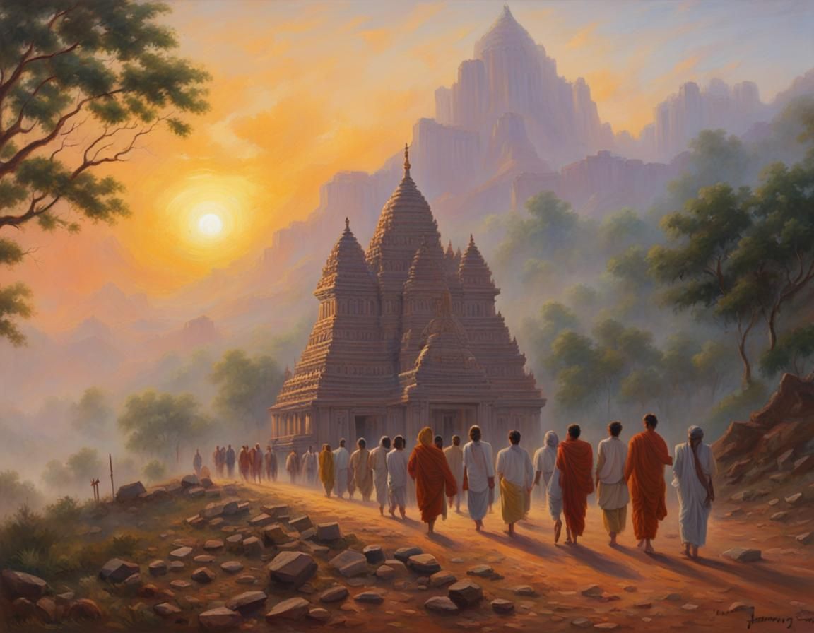 Hindu Temple Sunrise Pilgrimage as Oil Painting
