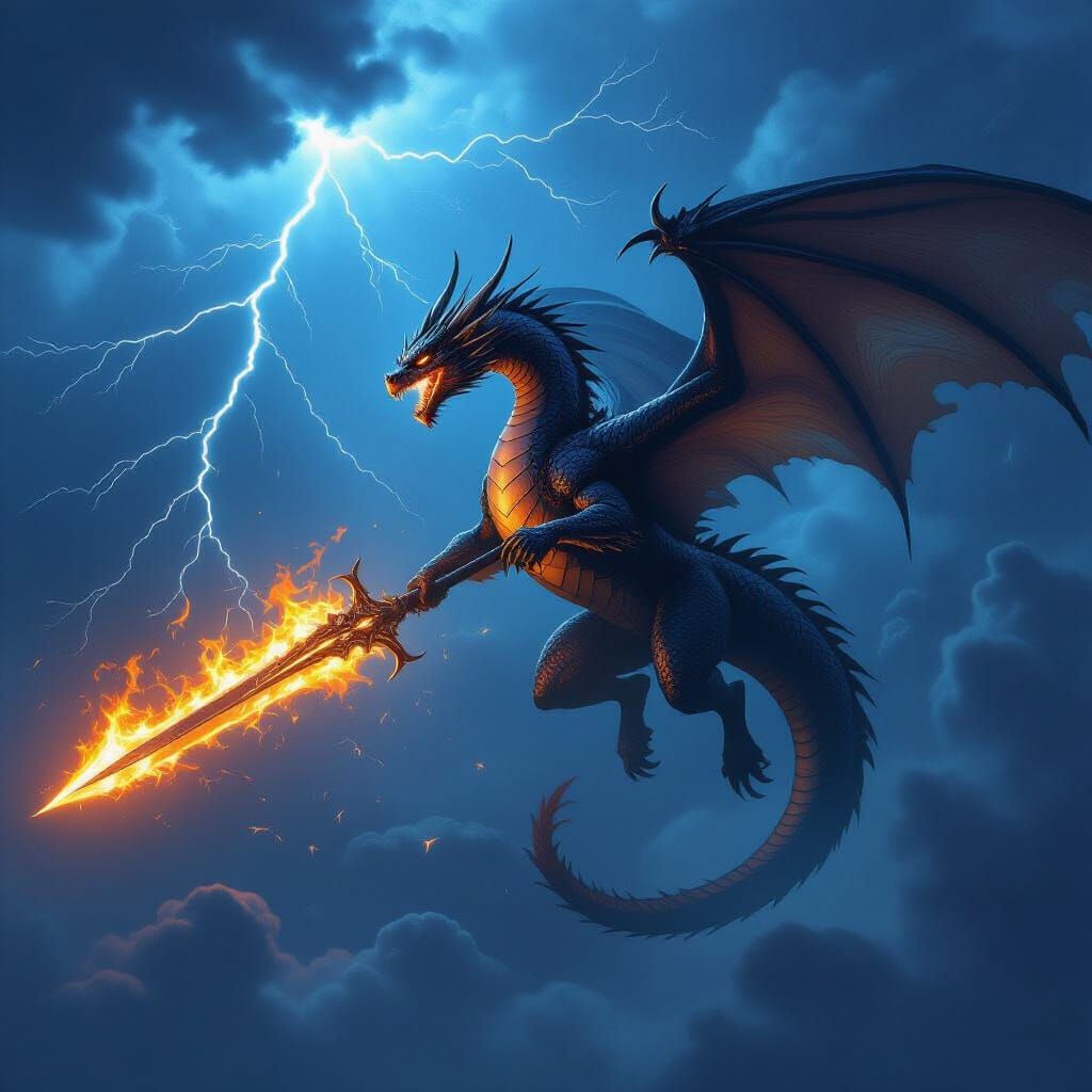 Fierce Dragon Wielding Flaming Sword in Stormy Sky