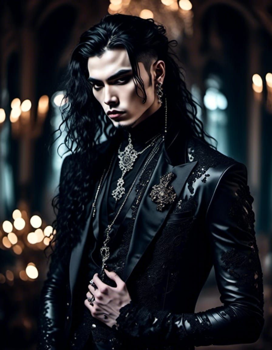Asian Goth Man in Latex: Detailed Ballroom Portrait