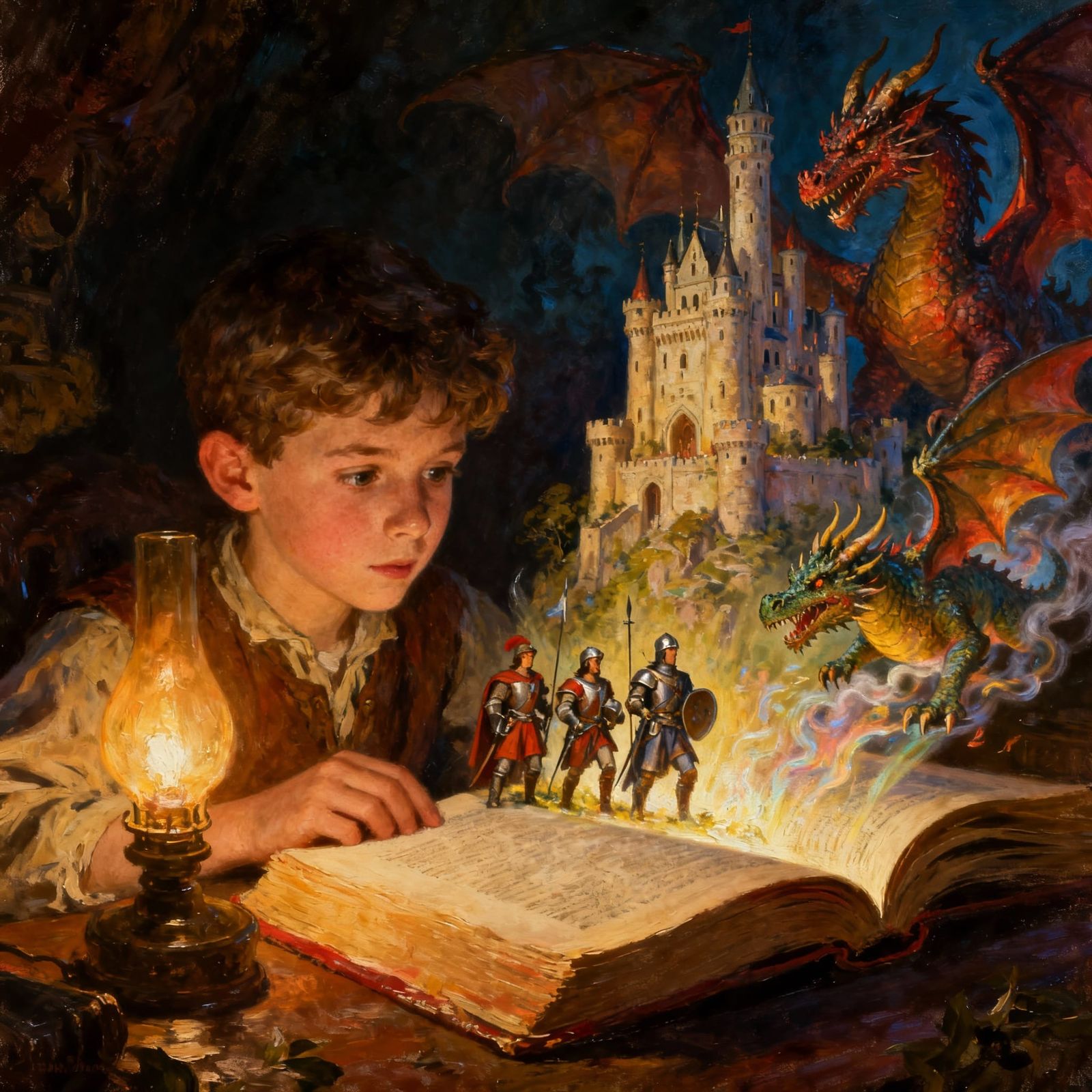 Boy Reading by Lamp, Imagination Takes Flight in Oil Paintin...