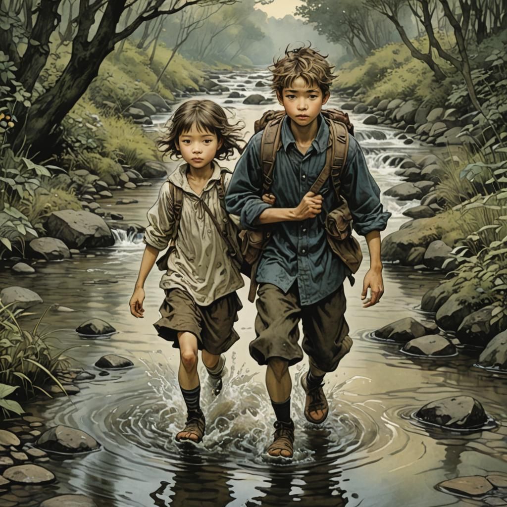Brother and Sister in Stream, Fantasy Illustration
